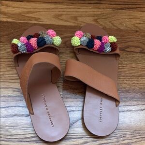 Loeffler Randall Tan Slide Sandals with Playful Pom Poms